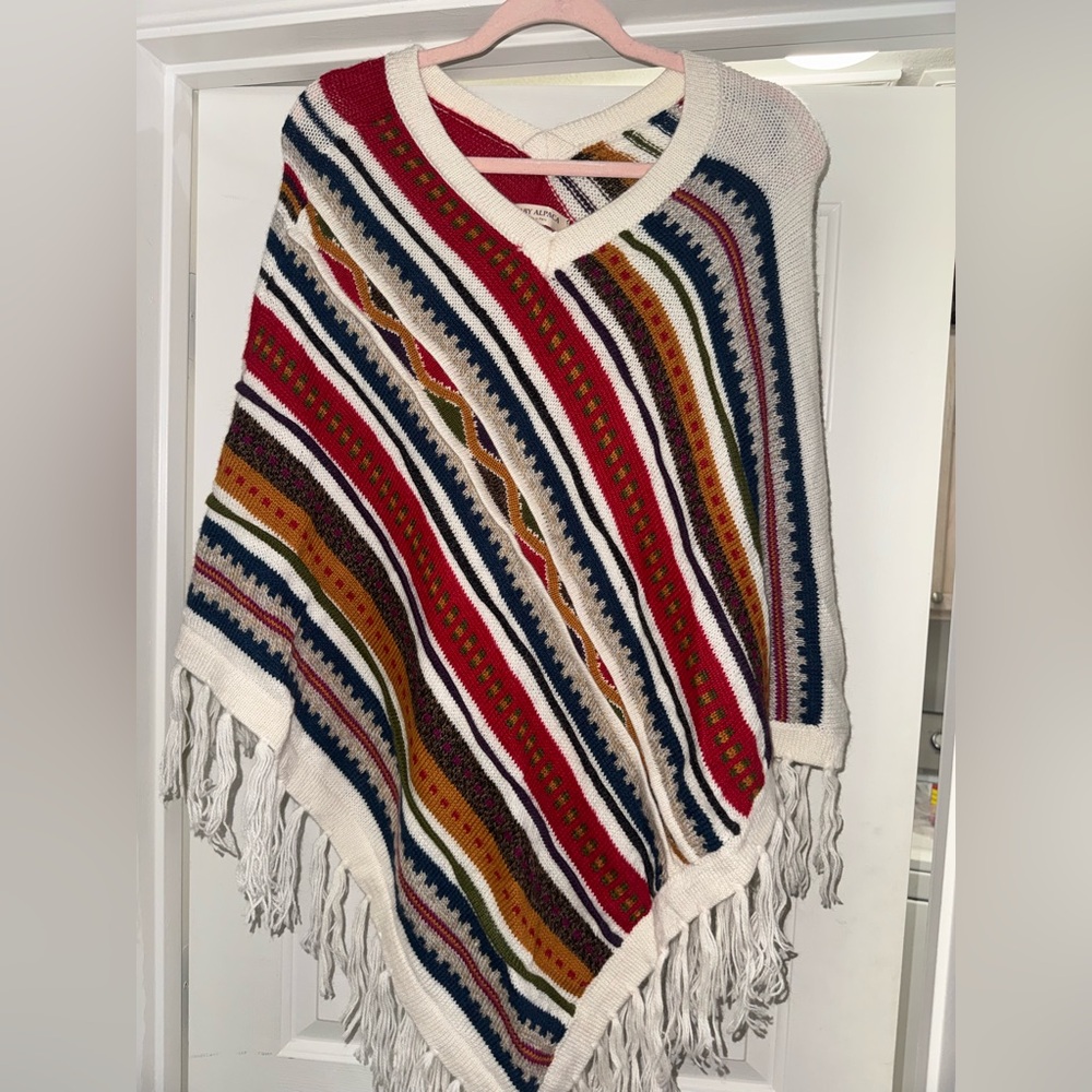 Baby alpaca multi color striped fringe poncho red cream blue tan green Aztec